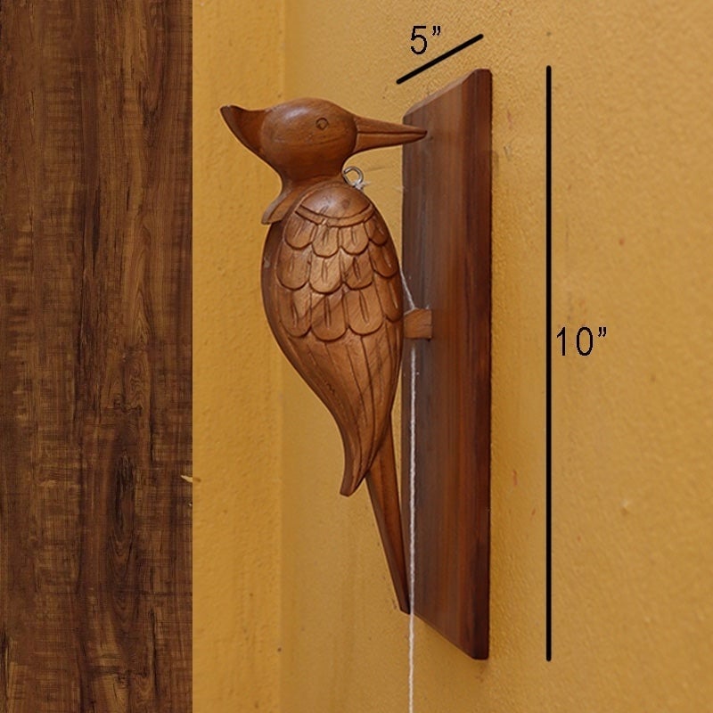 Hand Carved Decorative Woodpecker - Wooden Bird Doorbell