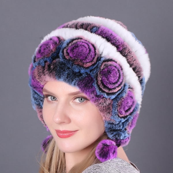 (🎁Early Christmas Sale - 49% OFF) Lady Warm Flowers Striped Real Rex Rabbit Fur Hats