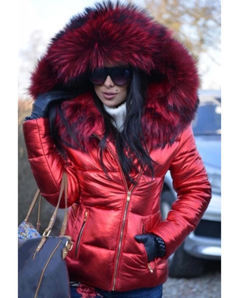 Zip Front Long Sleeve Fuzzy Hooded Puffer Coat