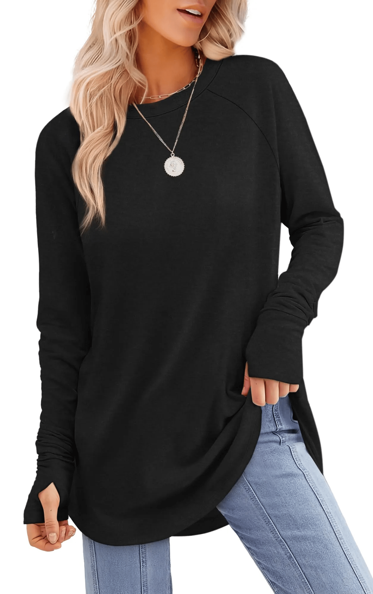 ✨Womens Long Sleeve Thumb Round neck raglan colorblock long sleeves Tunic Tops to Wear with Leggings