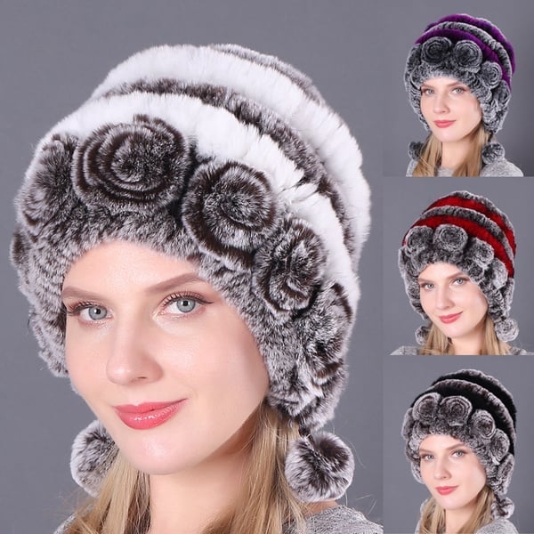 (🎁Early Christmas Sale - 49% OFF) Lady Warm Flowers Striped Real Rex Rabbit Fur Hats