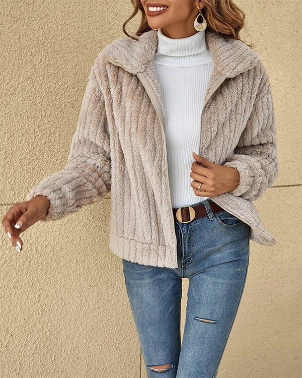 Clidress Lapel Full-Zip Polar Soft Fleece Coat Jacket