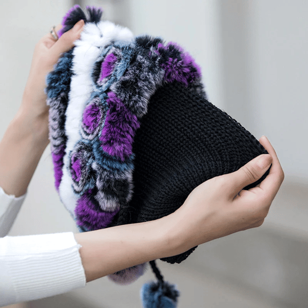 (🎁Early Christmas Sale - 49% OFF) Lady Warm Flowers Striped Real Rex Rabbit Fur Hats