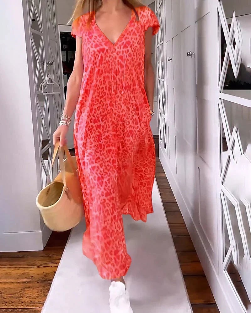 🔥July Promotion 49% OFF🔥V-Neck Printed Short-Sleeved Long Dress