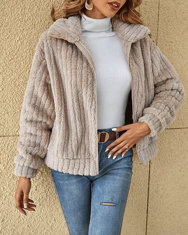 Clidress Lapel Full-Zip Polar Soft Fleece Coat Jacket