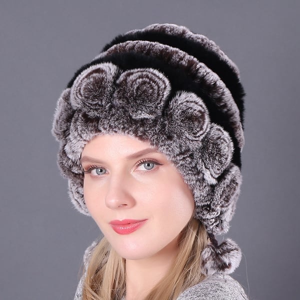 (🎁Early Christmas Sale - 49% OFF) Lady Warm Flowers Striped Real Rex Rabbit Fur Hats