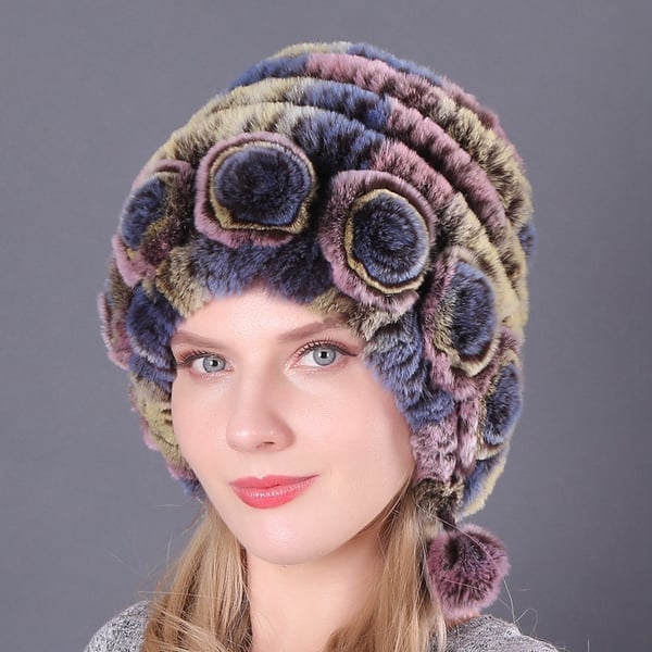 (🎁Early Christmas Sale - 49% OFF) Lady Warm Flowers Striped Real Rex Rabbit Fur Hats