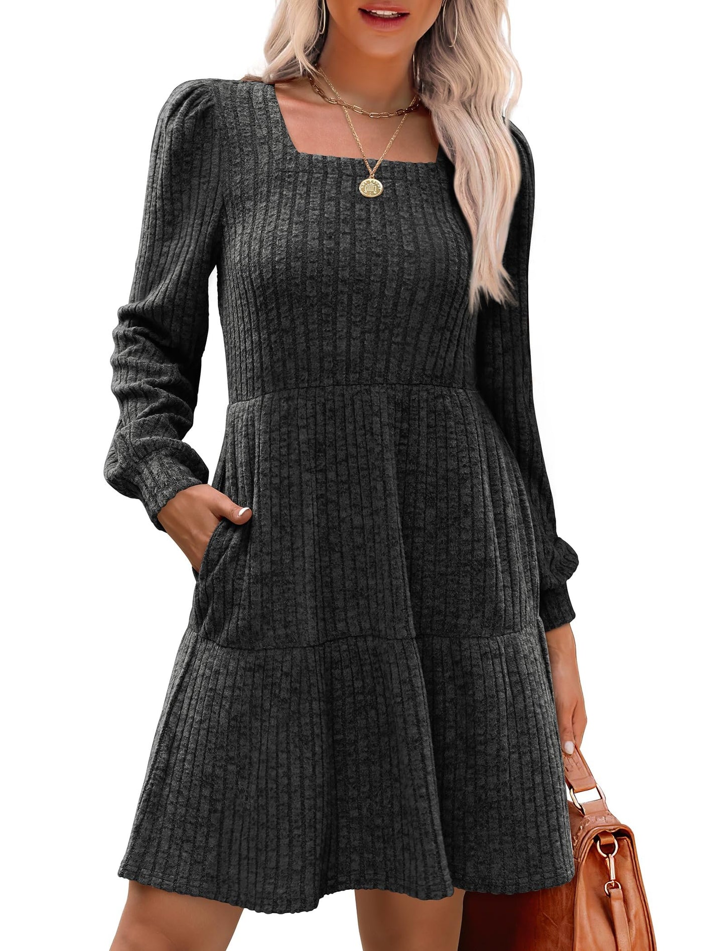 ⏰Women's Square Neck Lantern Sleeve Ribbed Dress