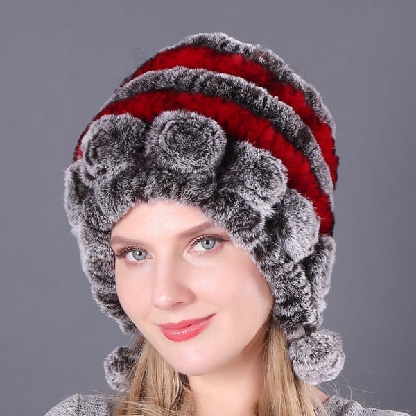 (🎁Early Christmas Sale - 49% OFF) Lady Warm Flowers Striped Real Rex Rabbit Fur Hats