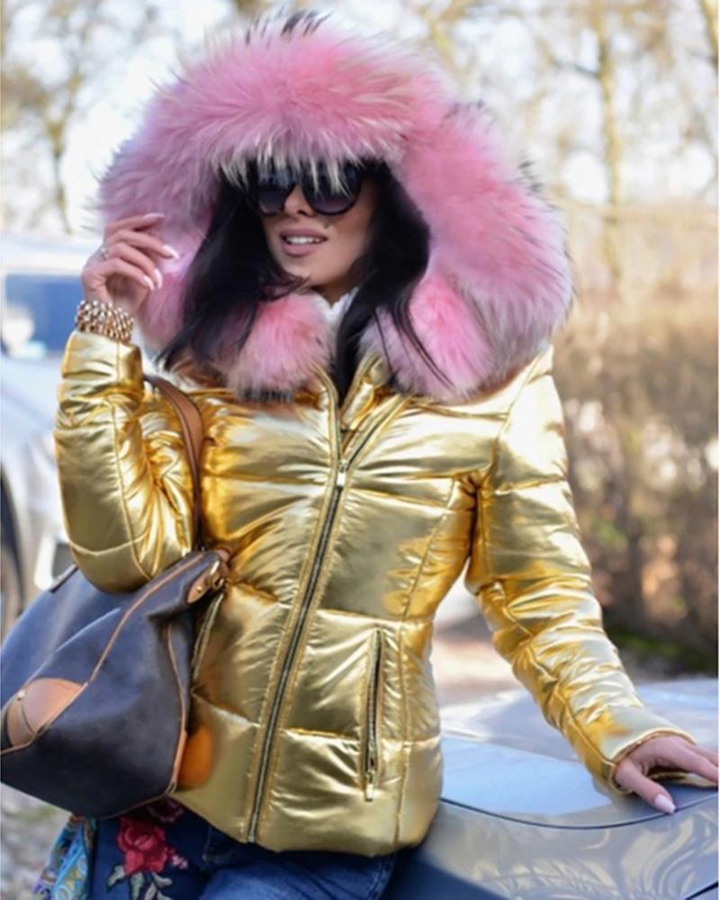 Zip Front Long Sleeve Fuzzy Hooded Puffer Coat