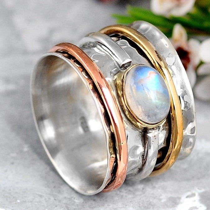 🔥 Promotion 49% OFF🎁Wide Band Two Tone Moonstone Spinner Ring