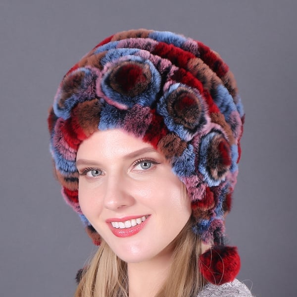(🎁Early Christmas Sale - 49% OFF) Lady Warm Flowers Striped Real Rex Rabbit Fur Hats