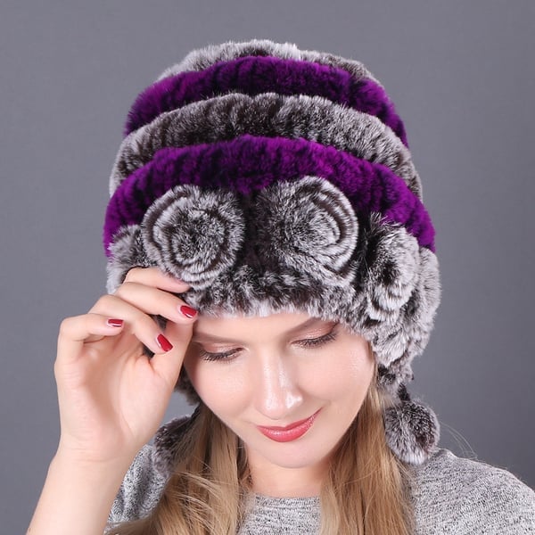 (🎁Early Christmas Sale - 49% OFF) Lady Warm Flowers Striped Real Rex Rabbit Fur Hats