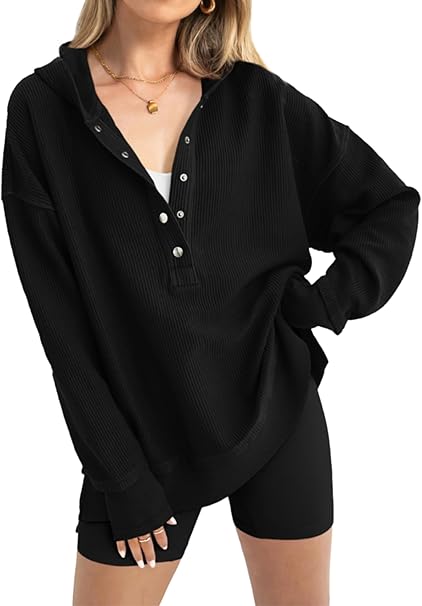 Womens Fashion Long Sleeve Hoodie Oversized Button Up V Neck Sweatshirt Side Slit Casual Pullover
