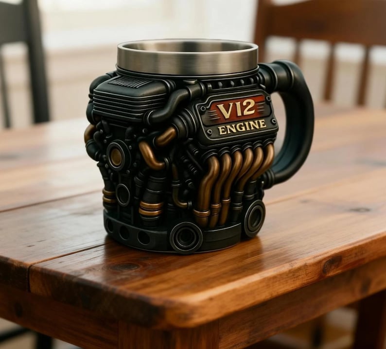 Engine Coffee Mug - 3D V6/V12 Racing Motor Stainless Steel Cup, Car Guy Gift, Mechanic Gift, Gearhead Mug, Fathers Day