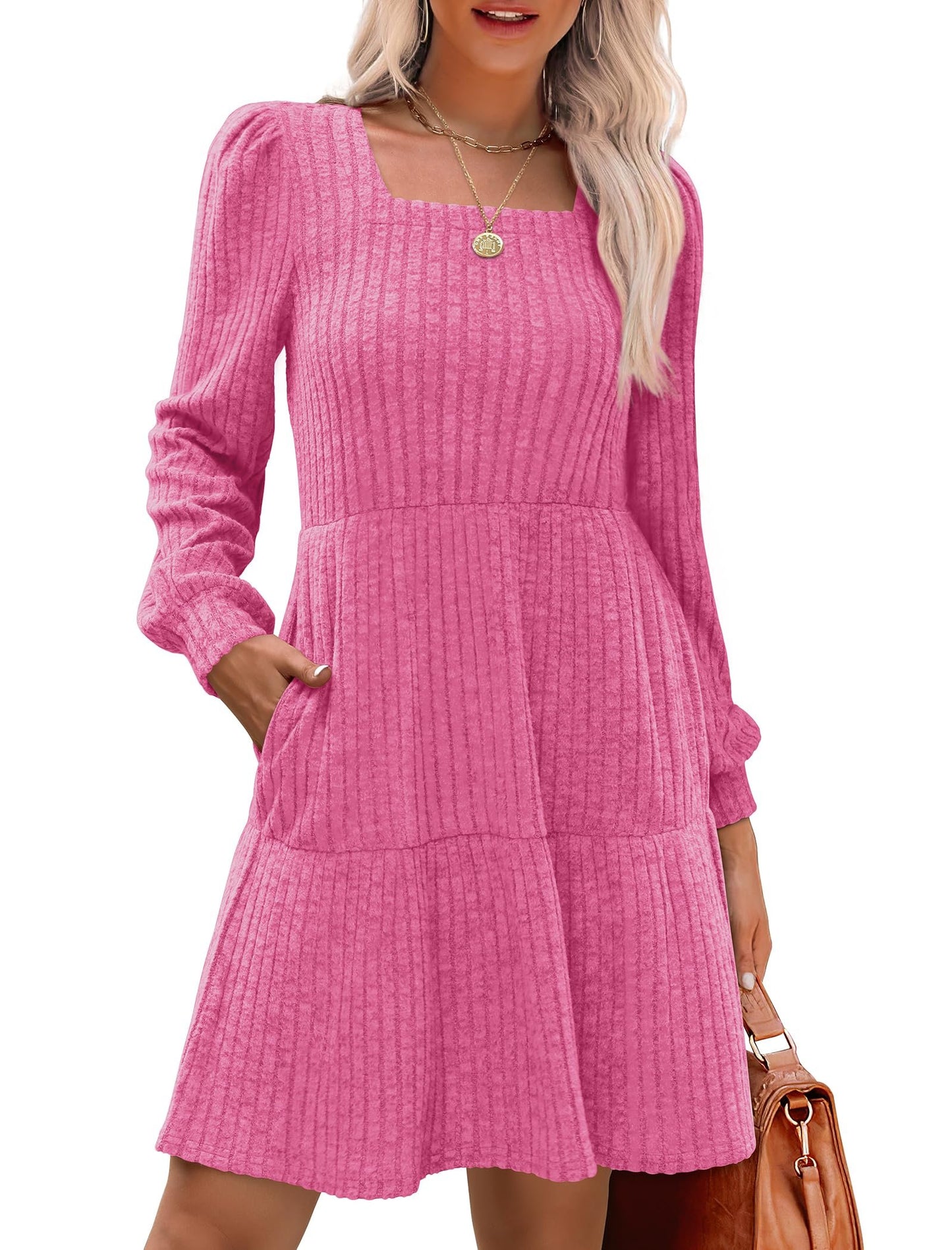 ⏰Women's Square Neck Lantern Sleeve Ribbed Dress