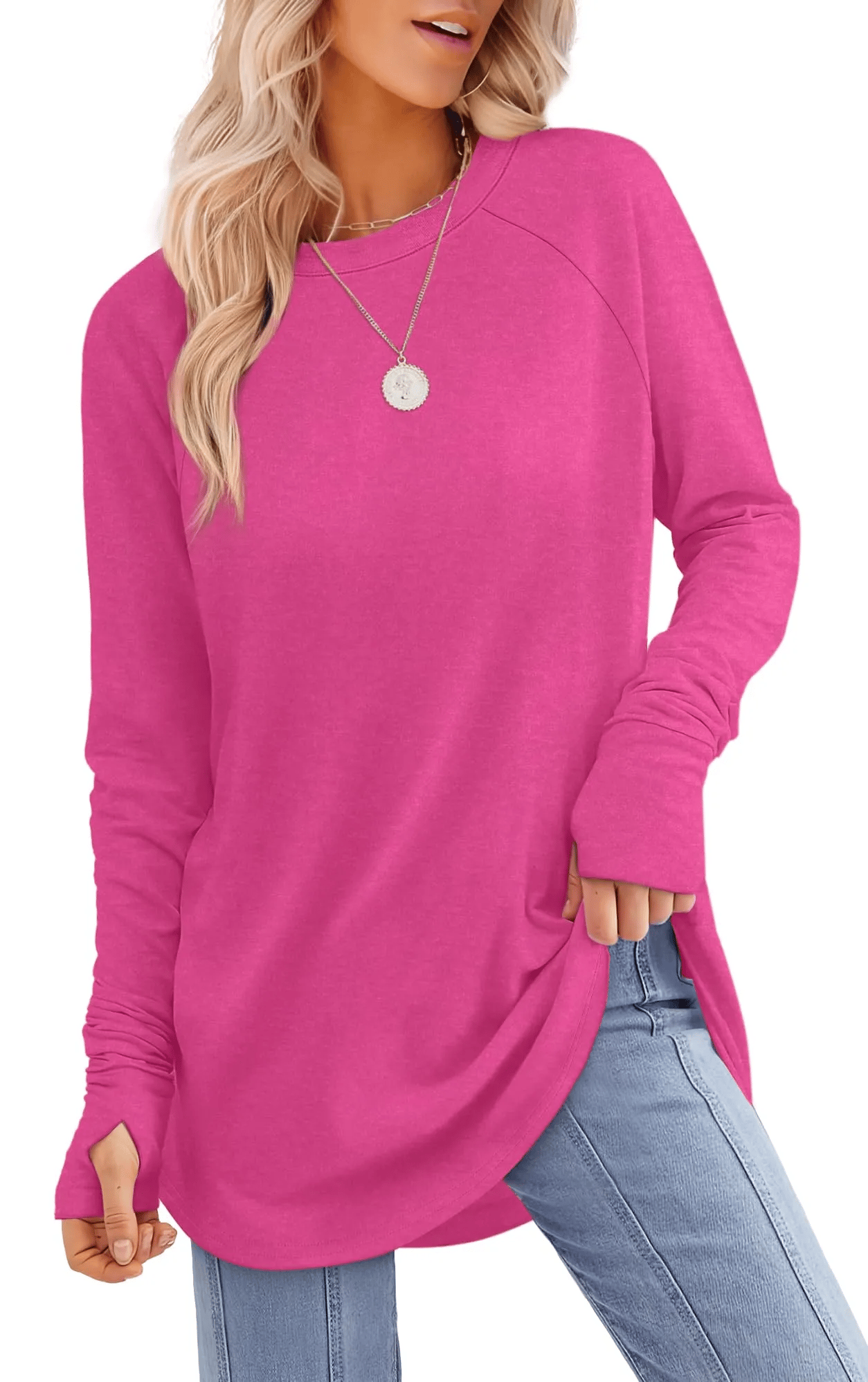 ✨Womens Long Sleeve Thumb Round neck raglan colorblock long sleeves Tunic Tops to Wear with Leggings