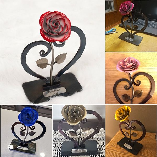 hambort™-Iron Red Metal Rose with Heart-Shaped Stand.