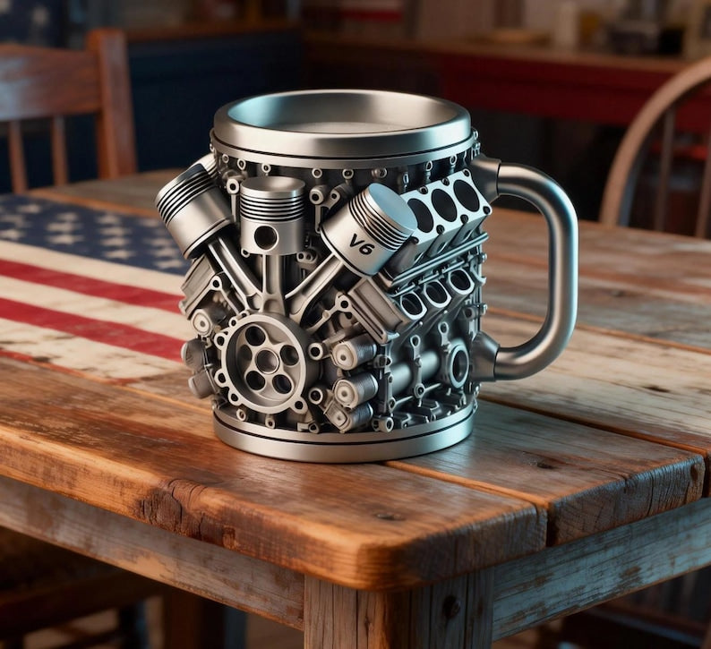 Engine Coffee Mug - 3D V6/V12 Racing Motor Stainless Steel Cup, Car Guy Gift, Mechanic Gift, Gearhead Mug, Fathers Day