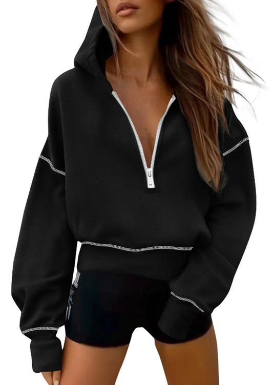 Women's Half Zip Hooded Long Sleeve Cropped Pullover