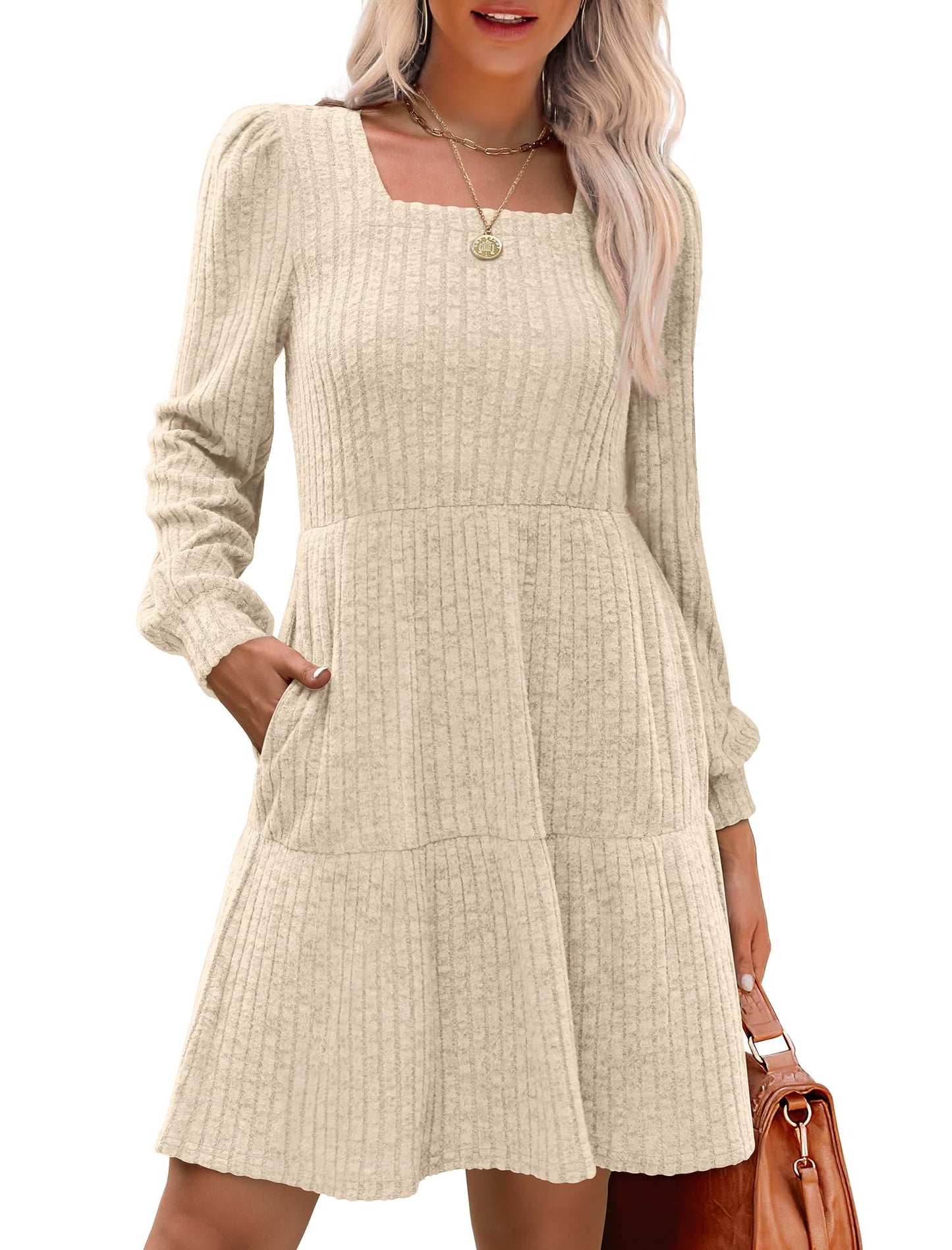 ⏰Women's Square Neck Lantern Sleeve Ribbed Dress