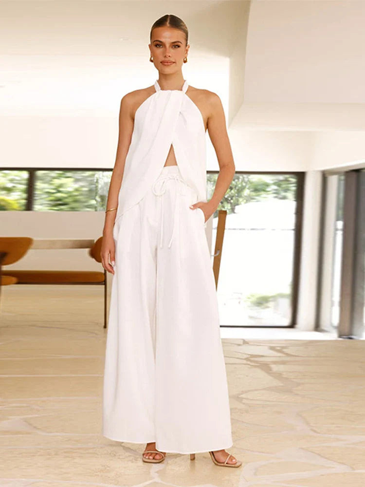 Hanging neck slit top and wide-leg pants set