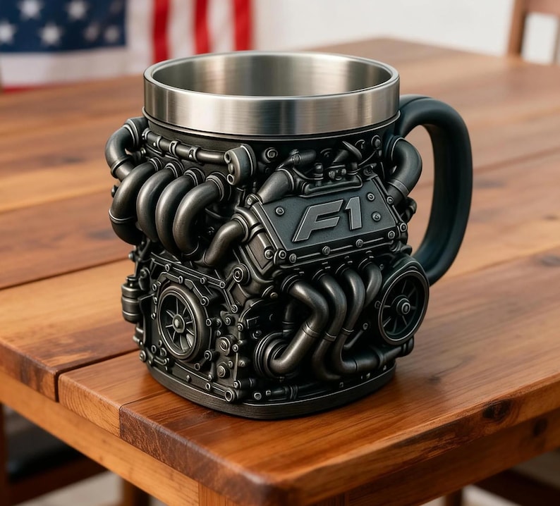 Engine Coffee Mug - 3D V6/V12 Racing Motor Stainless Steel Cup, Car Guy Gift, Mechanic Gift, Gearhead Mug, Fathers Day