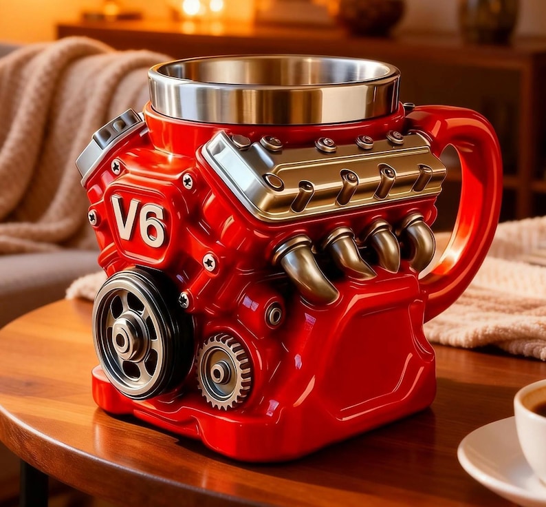 Engine Coffee Mug - 3D V6/V12 Racing Motor Stainless Steel Cup, Car Guy Gift, Mechanic Gift, Gearhead Mug, Fathers Day