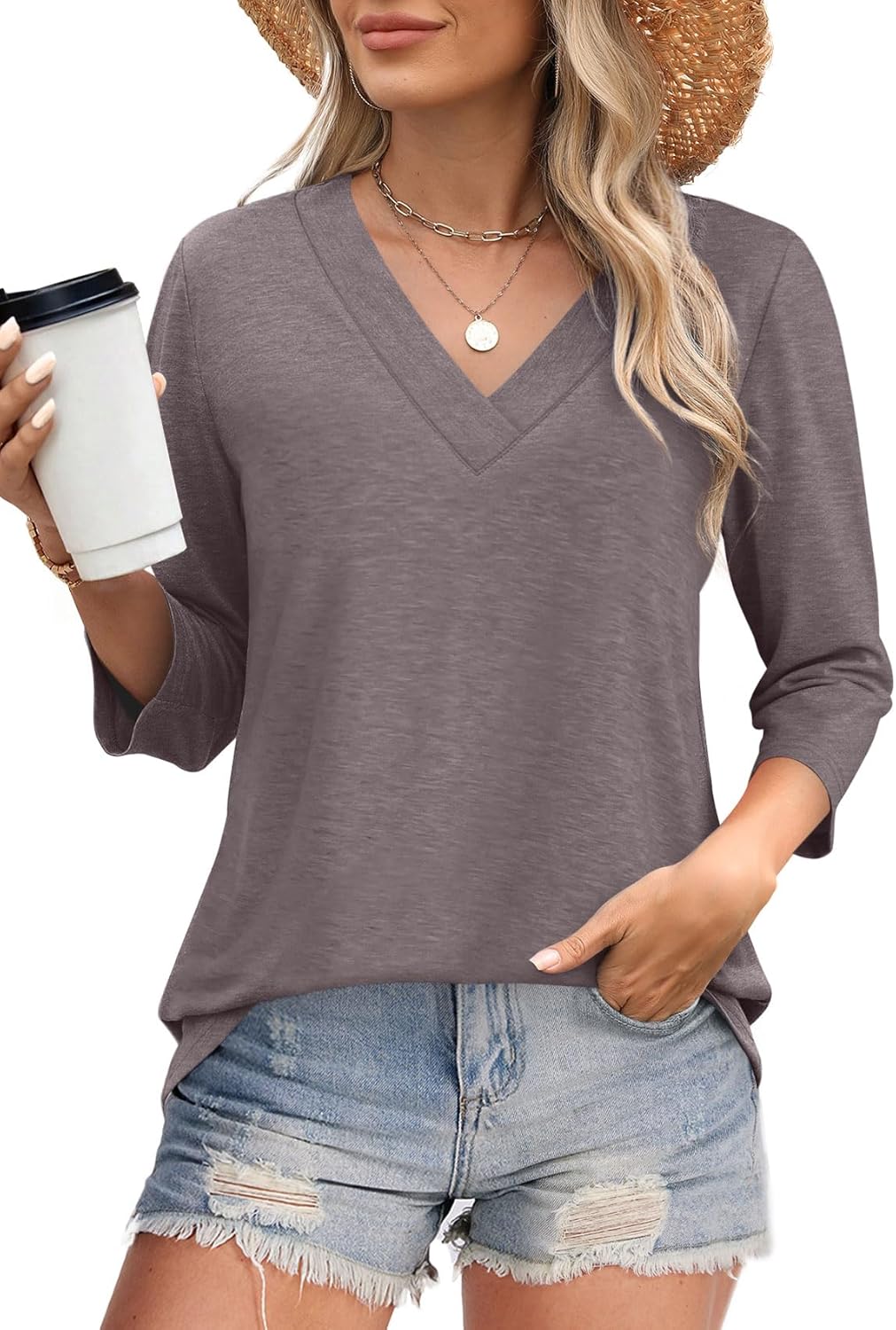 NEW🔥 Women's V Neck 3/4 Long Sleeve  Loose Fit  Tops