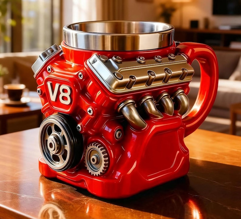 Engine Coffee Mug - 3D V6/V12 Racing Motor Stainless Steel Cup, Car Guy Gift, Mechanic Gift, Gearhead Mug, Fathers Day