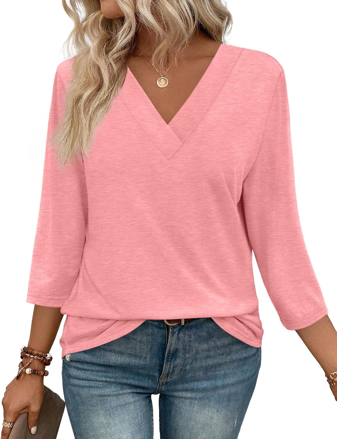 NEW🔥 Women's V Neck 3/4 Long Sleeve  Loose Fit  Tops