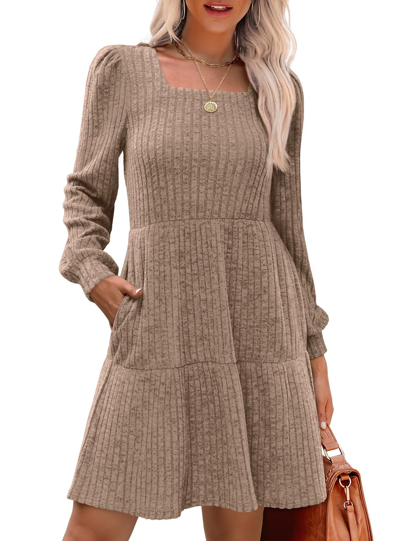 ⏰Women's Square Neck Lantern Sleeve Ribbed Dress