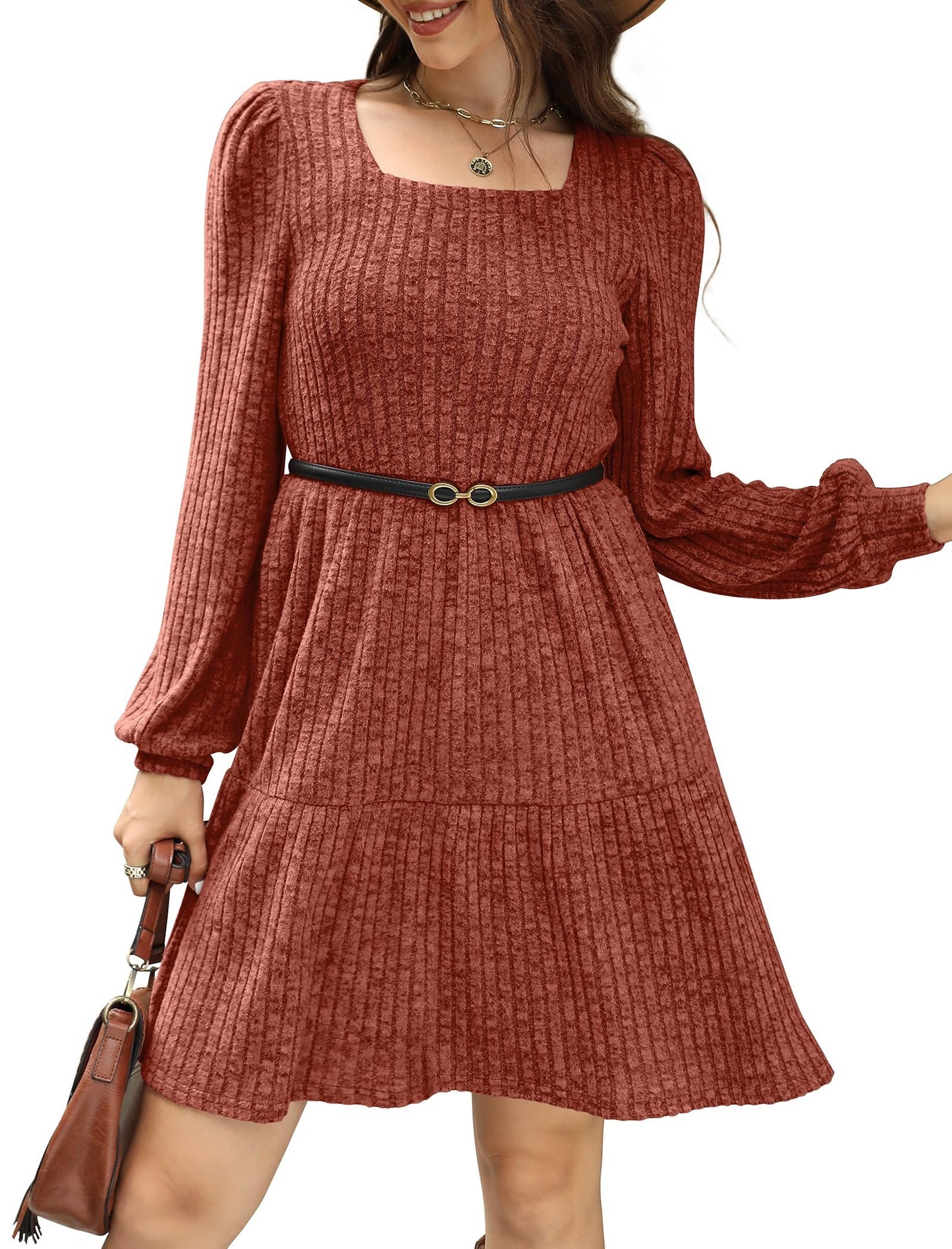 ⏰Women's Square Neck Lantern Sleeve Ribbed Dress