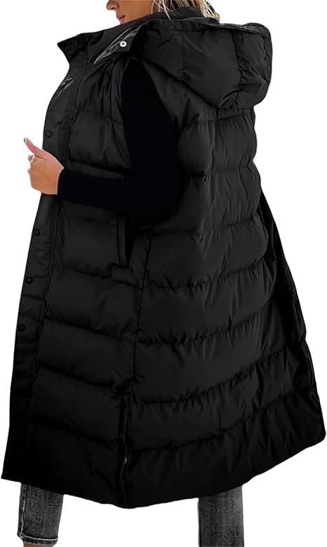 🔥 Women's Long Puffer Vest | Quilted Hood & Button Closure ❄️