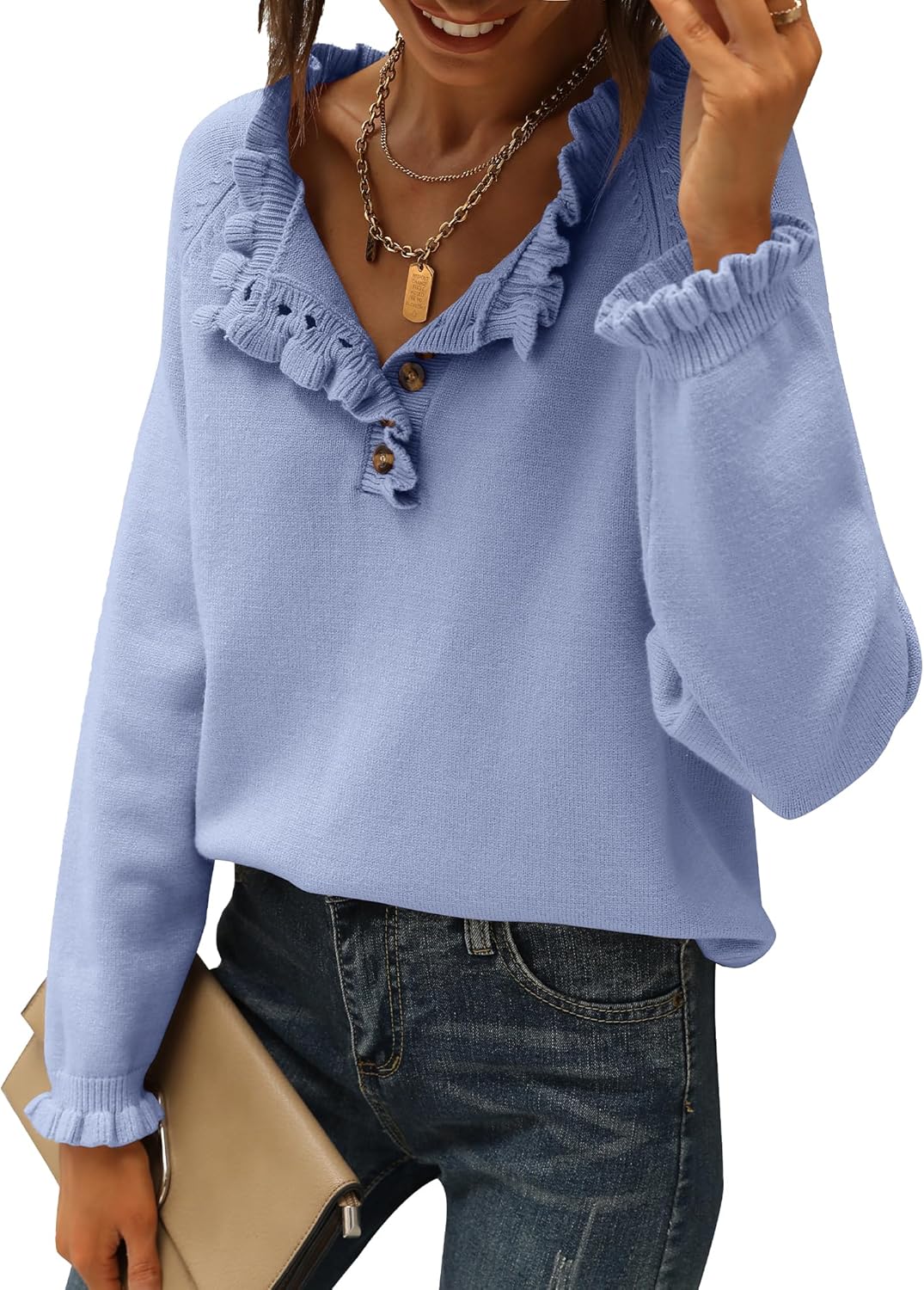 🔥Ruffle Trim Casual Knit Pullover Tops﻿