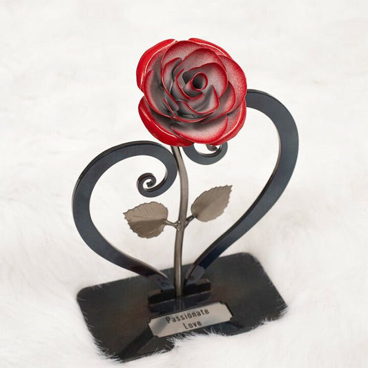 hambort™-Iron Red Metal Rose with Heart-Shaped Stand.