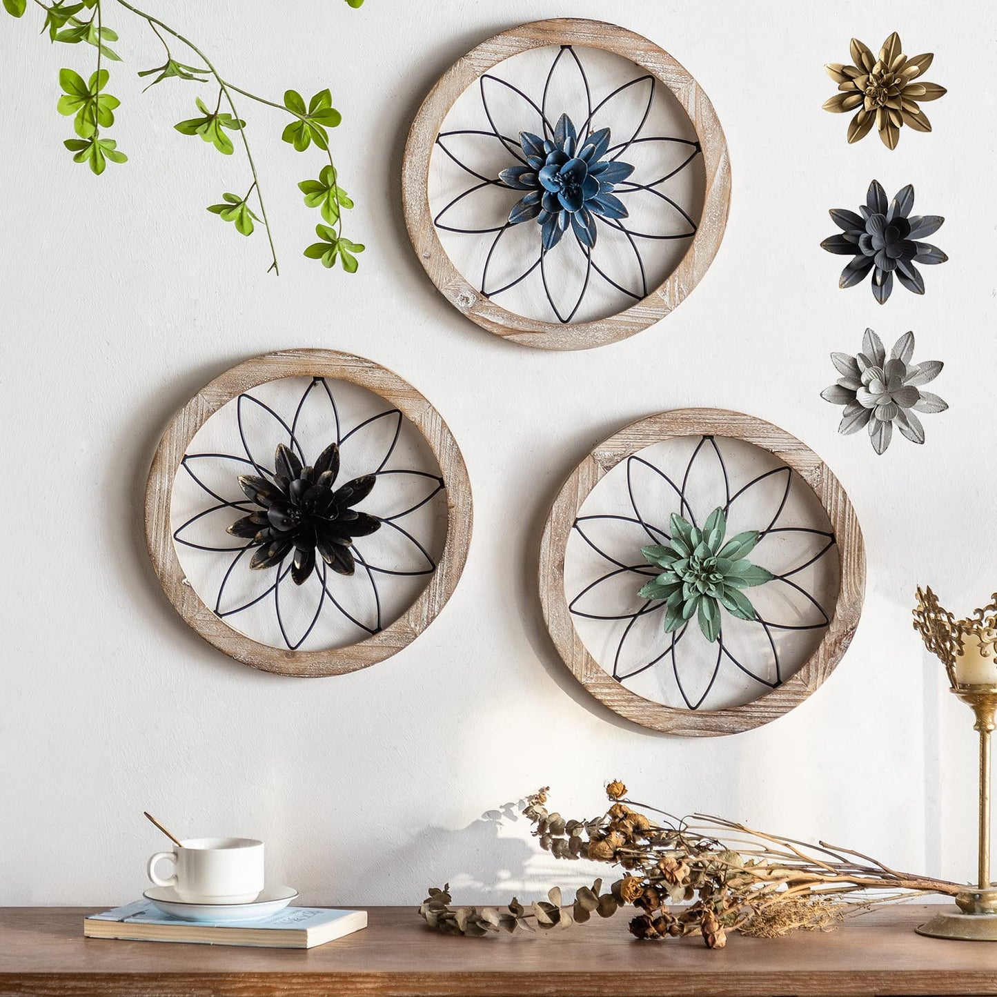 hambort™-3-Piece Round Farmhouse Wall Decor Set | Rustic Wood & Metal Art | Interchangeable Flowers | Living Room, Bedroom, Kitchen, Bathroom Décor