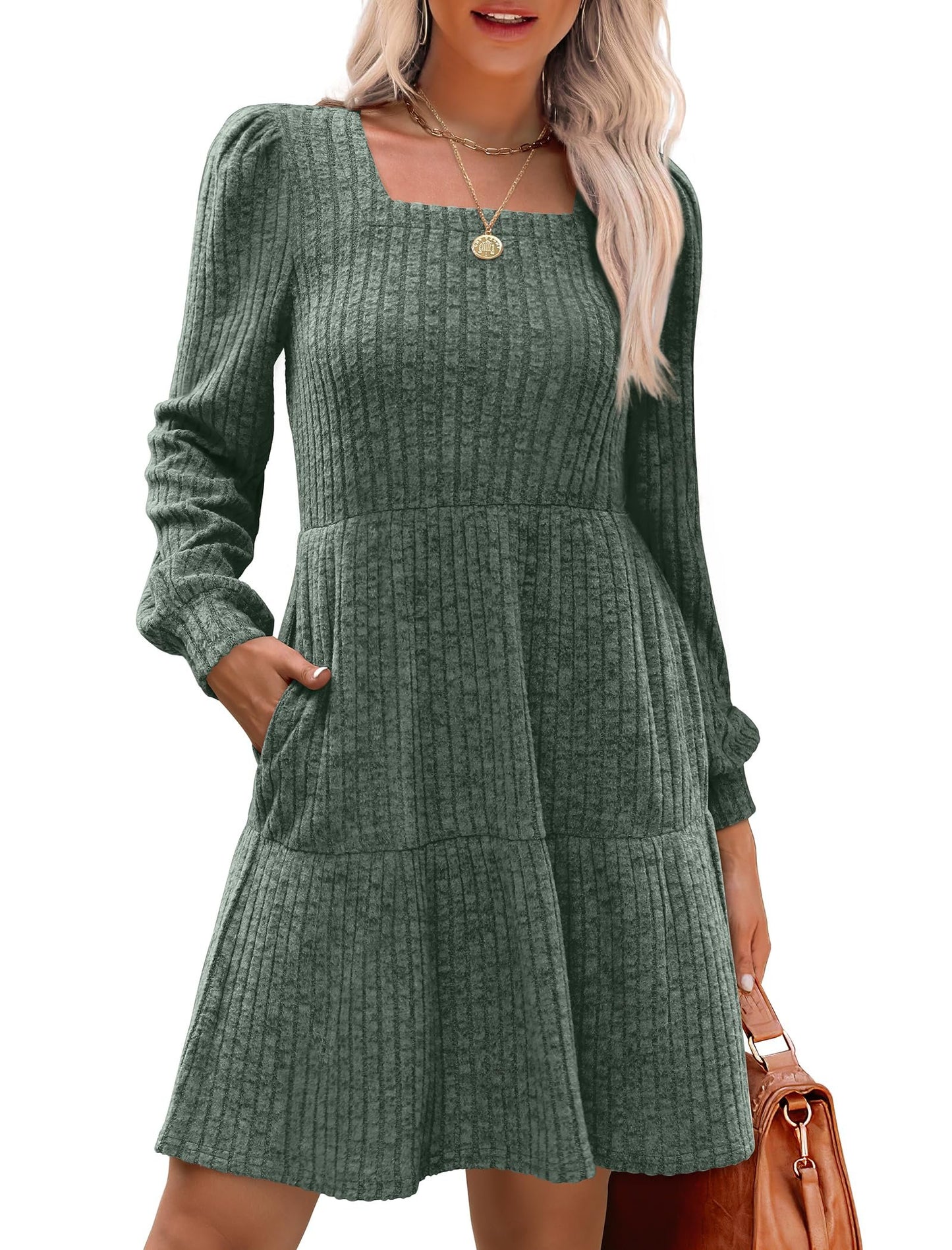 ⏰Women's Square Neck Lantern Sleeve Ribbed Dress