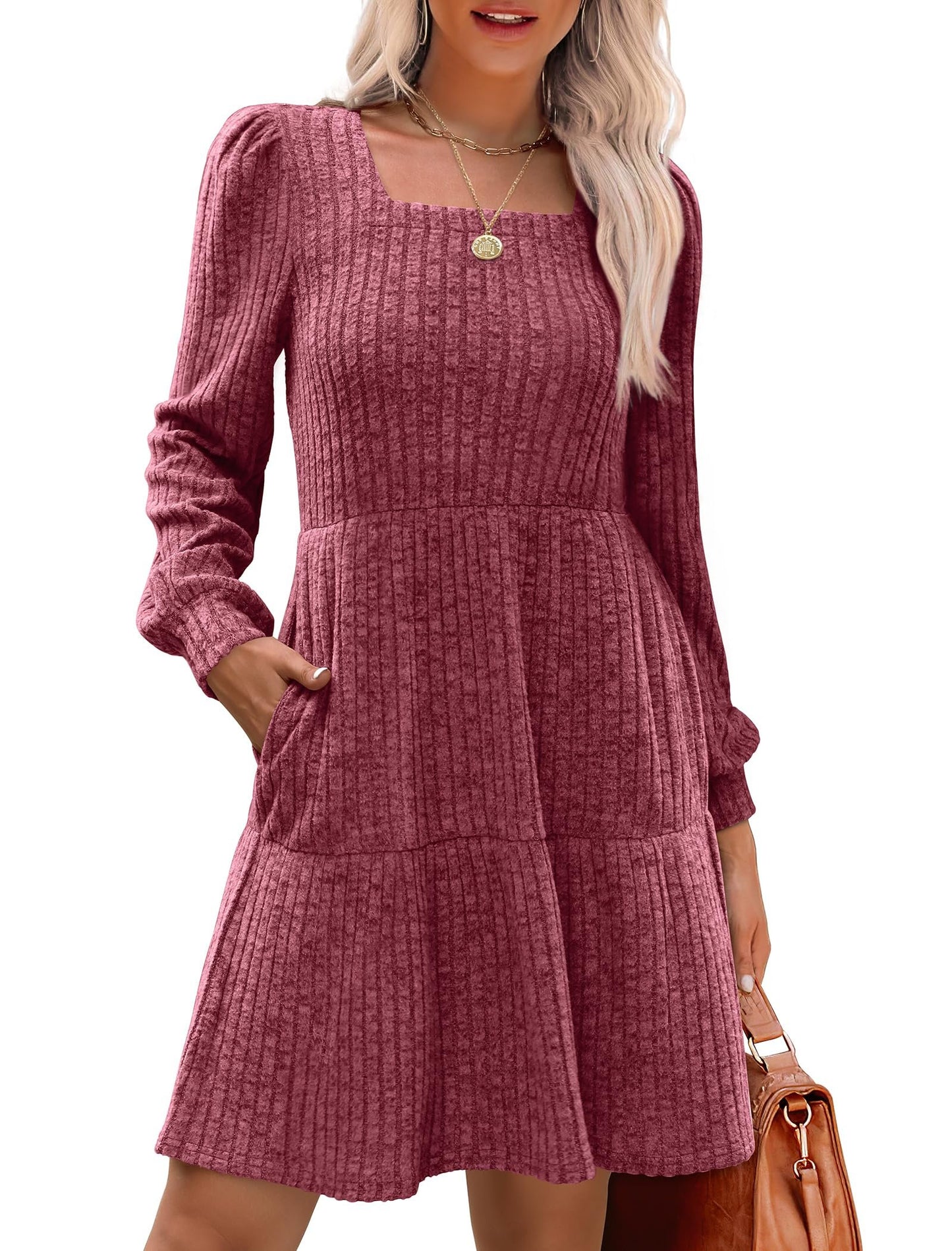⏰Women's Square Neck Lantern Sleeve Ribbed Dress