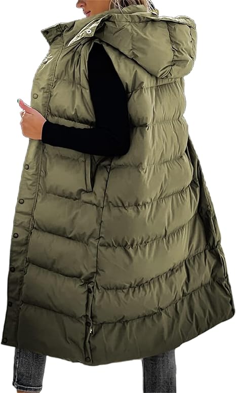 🔥 Women's Long Puffer Vest | Quilted Hood & Button Closure ❄️