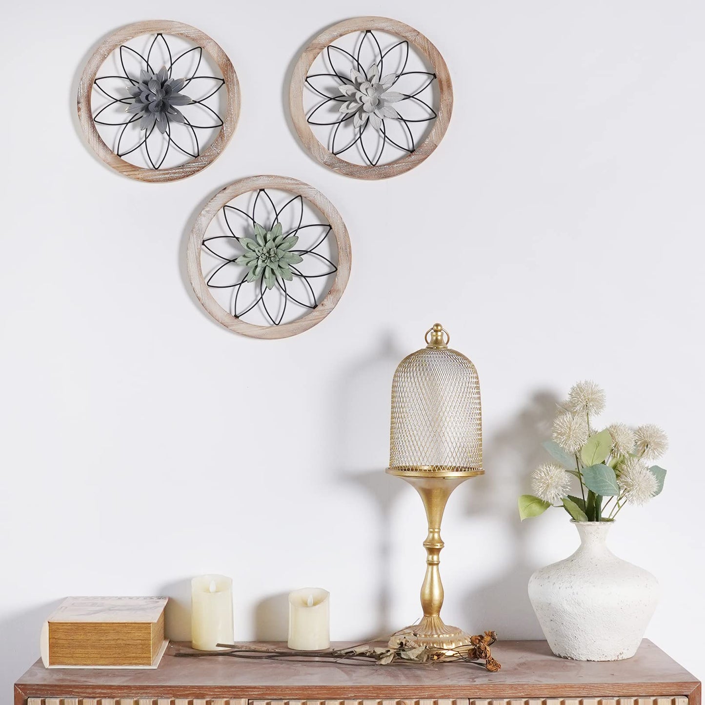 hambort™-3-Piece Round Farmhouse Wall Decor Set | Rustic Wood & Metal Art | Interchangeable Flowers | Living Room, Bedroom, Kitchen, Bathroom Décor