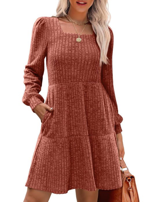 ⏰Women's Square Neck Lantern Sleeve Ribbed Dress
